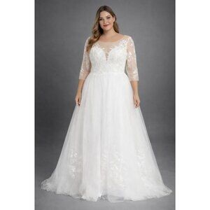 Plus Size 18W Lace Tulle Wedding Dress Illusion Neckline A-Line Bridal Gown